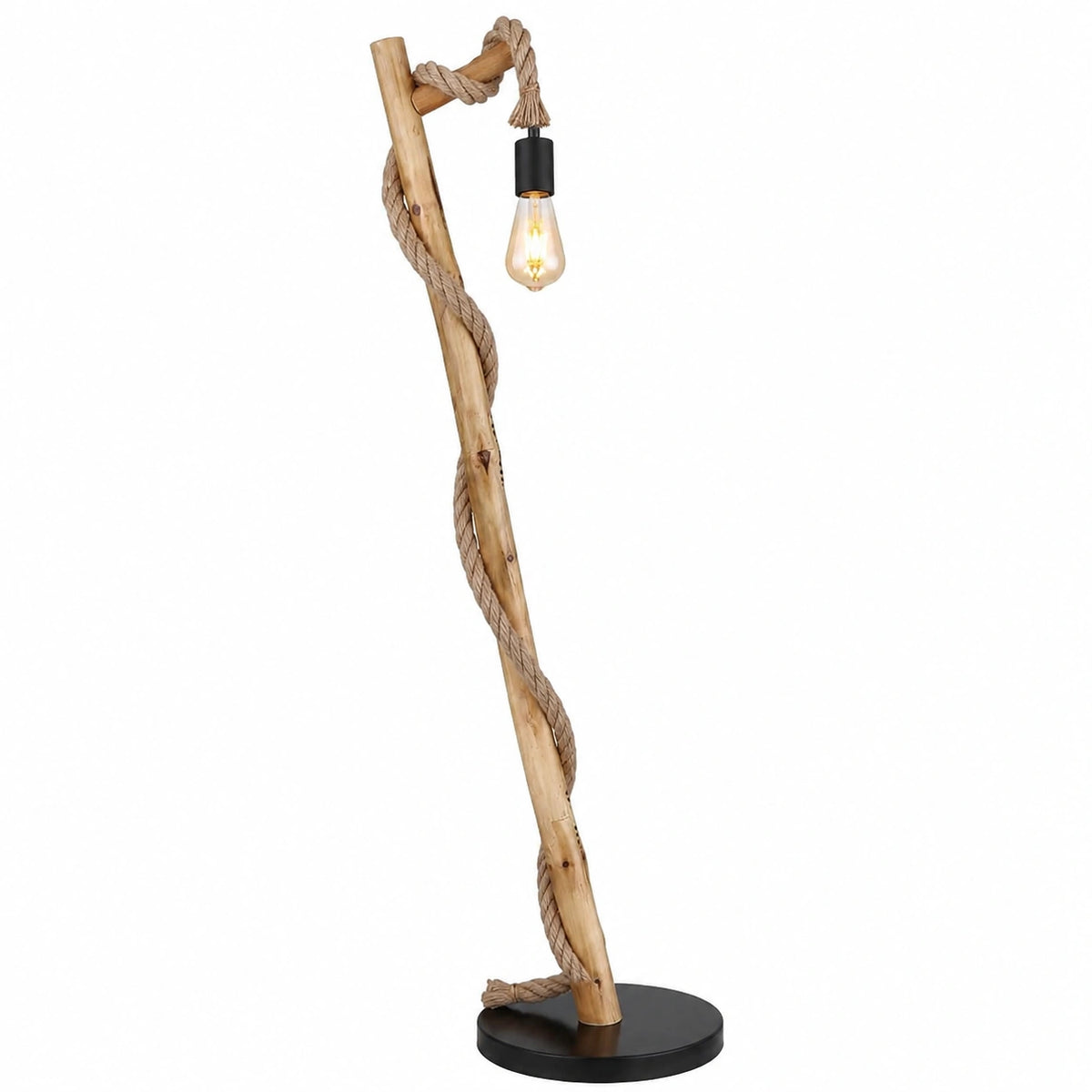 Stehlampe mit Holzfuß und Hanfseil, 150cm hoch, Einflammig