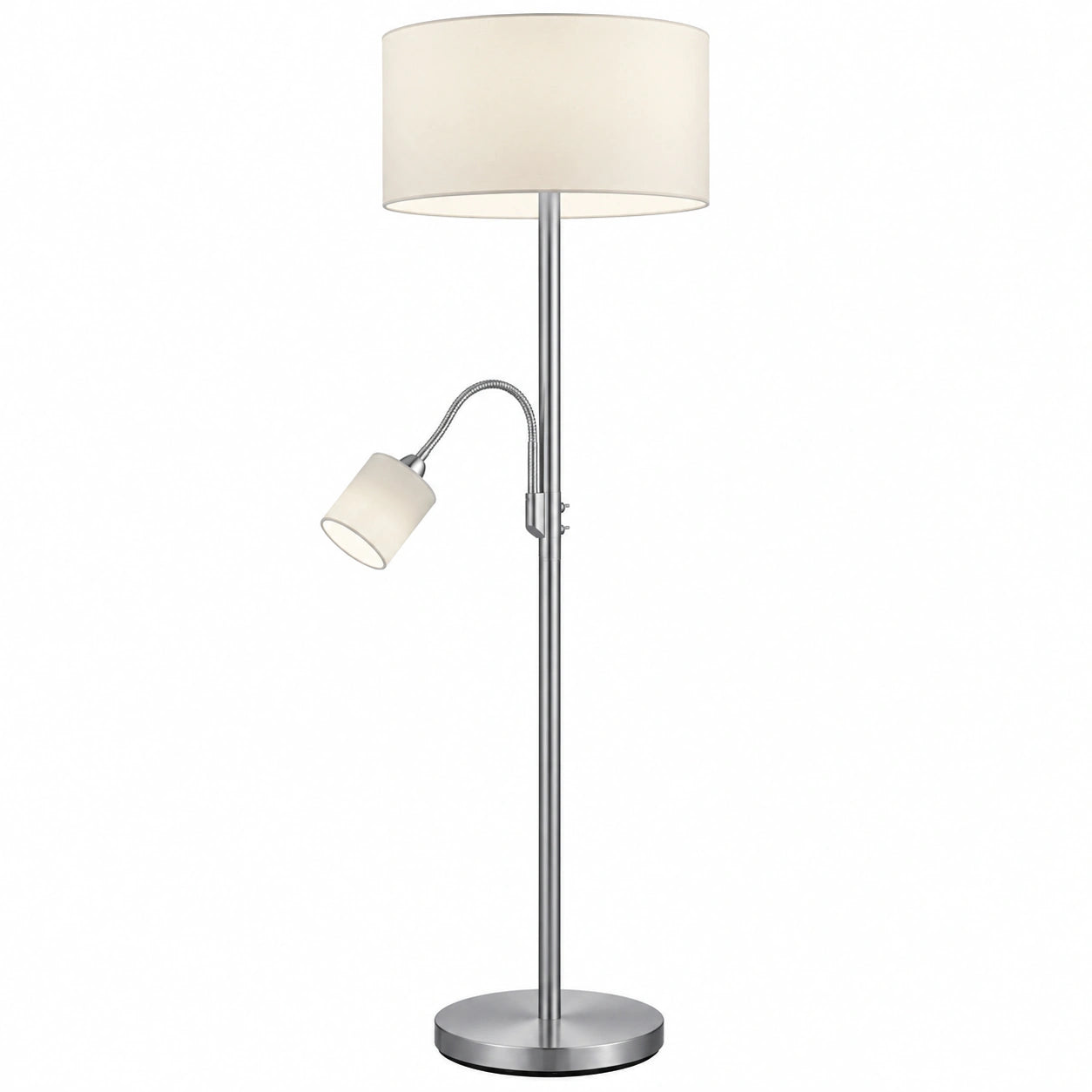 Elegante Stehlampe mit Lesearm in Nickel matt, weißer Stoffschirm, ohne Leuchtmittel, 35 cm Durchmesser, Höhe 170 cm